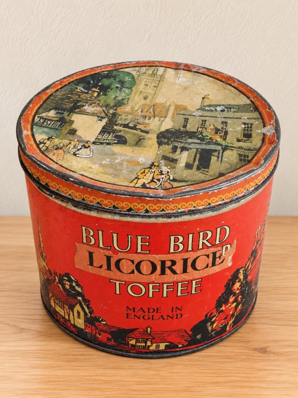ADVERTISING TIN Blue Bird Toffee Candy Harry Vincent Large 10" Round Vtg 1940s